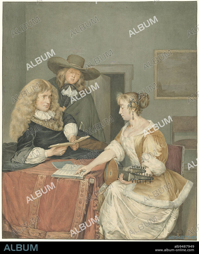 Musical company, draughtsman: Jacob Willemz. de Vos, after: Gerard ter Borch (II), 1806, paper, brush, h 474 mm × w 386 mm.