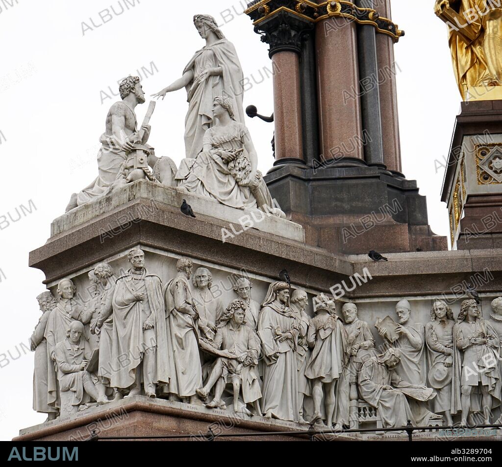 The Albert Memorial in Kensington Gardens, London. Commissioned by Queen Victoria in memory of her beloved husband, Prince Albert who died of typhoid in 1861. The memorial was designed by Sir George Gilbert Scott in the Gothic Revival style. Opened in July 1872 by Queen Victoria.