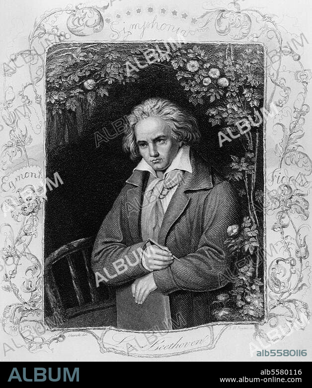 Beethoven, Ludwig van composer Bonn (baptised) 17/12/1770 - Vienna 26/3/1827. Portrait. Steel engraving, c. 1850, drawing by Heinrich Wilhelm Storck (1808-1850), engraved by Albert Henry Payne (1812-1902), after a portrait by 1819. Berlin, Sammlung Archiv für Kunst und Geschichte.