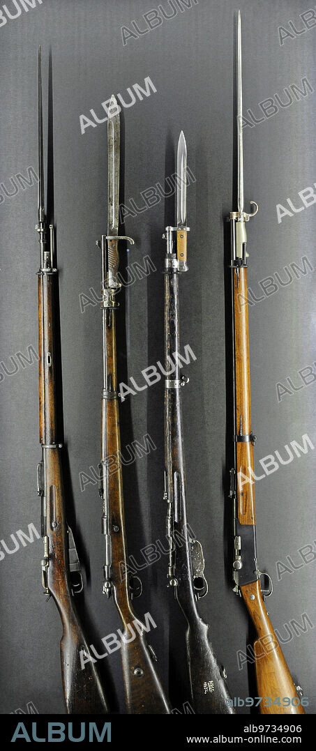 World War I (1914-1918). From left to right: M-91/10 three-line rifle with bayonet, infantry modification (Russia); Mauser Gewehr 98 rifle with bayonet (Germany); Mannlicher M95 rifle with bayonet (Austria-Hungary) and Lebel M-Ie 1886 M93 rifle with bayonet (France). Latvian War Museum. Riga. Latvia.
