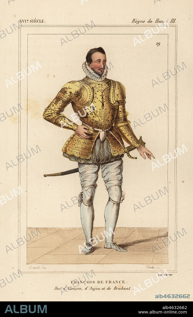 Francis, Duke of Anjou and Alencon. Francois de France, Duc d'Alencon, d'Anjou et de Brabant, son of Henri III and Catherine de Medici, reign of King Henri III of France. Illustration by Dunand, lithograph by Breton after a portrait in Roger de Gaignieres' gallery portfolio IX 54 from Le Bibliophile Jacob aka Paul Lacroix's Costumes Historiques de la France (Historical Costumes of France), Administration de Librairie, Paris, 1852.