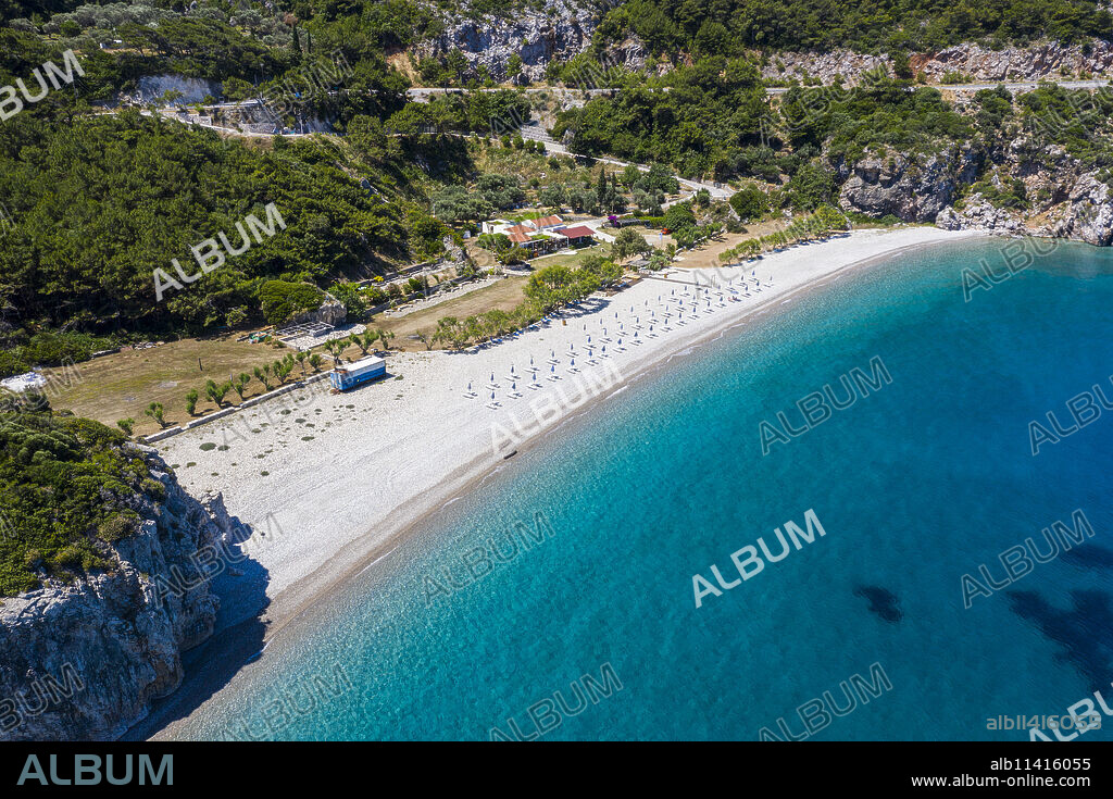 Aerial by drone of Tsambou Beach, Samos, Greek Islands, Greece, Europe.