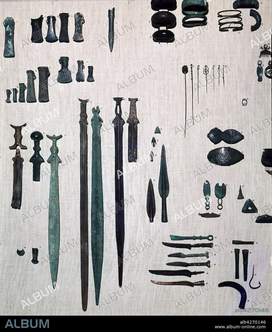 Iron Age metalwork weapons; Hallstatt culture; Western and Central European culture of Early Iron Age Europe from the 8th to 6th centuries BC, developing out of the Urnfield culture of the 12th century BC (Late Bronze Age). The weapons include, axes, spears, swords and daggers.