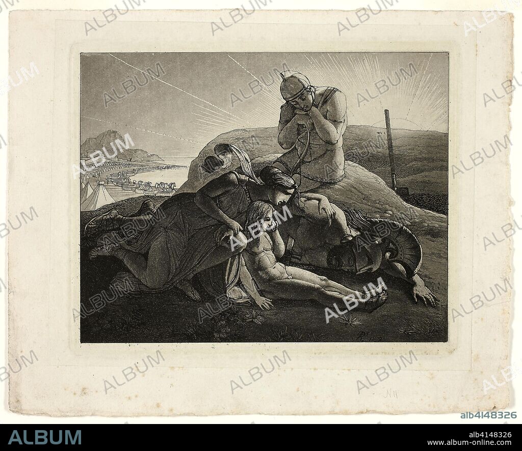 Tecmessa, Her Son and Teucer Lamenting the Dead Ajax. Carl Russ; Austrian, 1779-1843. Date: 1809. Dimensions: 178 × 209 mm (plate); 185 × 227 mm (primary support); 218 × 268 mm (secondary support). Etching and aquatint in black on cream wove paper, laid down on ivory wove paper (chine collé). Origin: Austria.