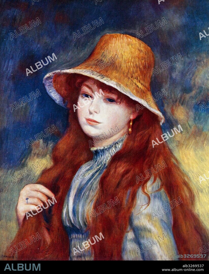 Painting titled 'Girl with a Straw Hat' by Pierre-Auguste Renoir (1841-1919) a French artist. Dated 19th Century.