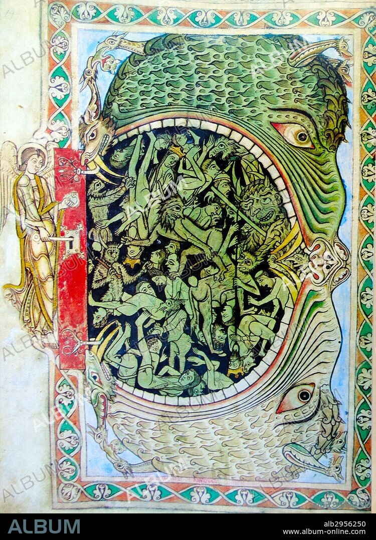Painting of the Hell mouth with an old French inscription that translates to 'Here is Hell and the angel who closes the gate' . Dated 12th Century.