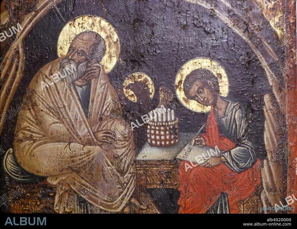 St John dictating to Prochorus, 17th Century. Ikon at Byzantine Museum, Athens. St John the Baptist Dictating his gospel to his disciple Apostle St Prochorus.