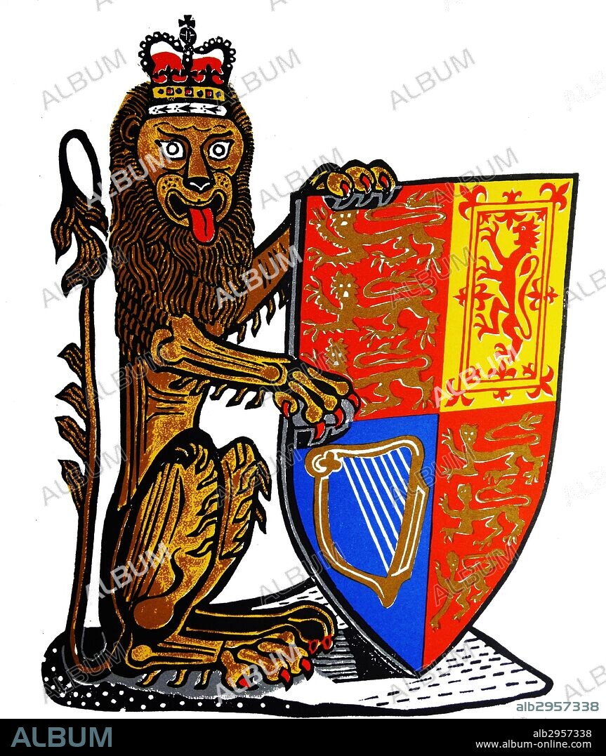 The Heraldic Lion of England. The first and fourth quadrants represent England and contain three gold lions passant on a red field; the second quadrant represents Scotland contains a red lion rampant on a gold field; the third quadrant represents Ireland and contains the gold harp of Ireland on a blue field. Drawn by Edward Bawden CBE RA (1903 – 1989) was an English graphic artist.