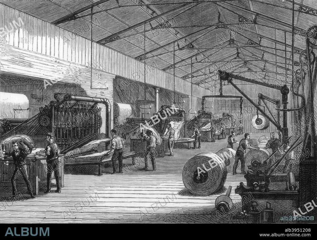 Press room, offices of the Daily Telegraph, Fleet Street, London, 1882. Printing presses and rolls of newsprint. A print from the Illustrated London News, (8 July 1882).