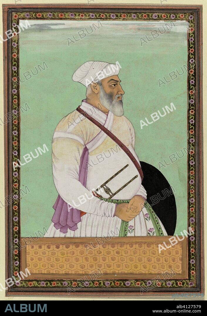 Portrait of Dalil-khan, great vizier of Aurangzeb, has been governor (subagar) of the province of Deccan; it comes from the Rohela Pathans. Draughtsman: anonymous. Dating: c. 1686. Place: Golkonda. Measurements: h 203 mm × w 140 mm.