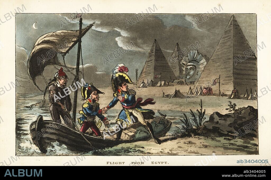 Napoleon Bonaparte abandoning the Revolutionary Army in Egypt, 1799. Handcoloured copperplate engraving by George Cruikshank from The Life of Napoleon a Hudibrastic Poem by Doctor Syntax, T. Tegg, London, 1815.