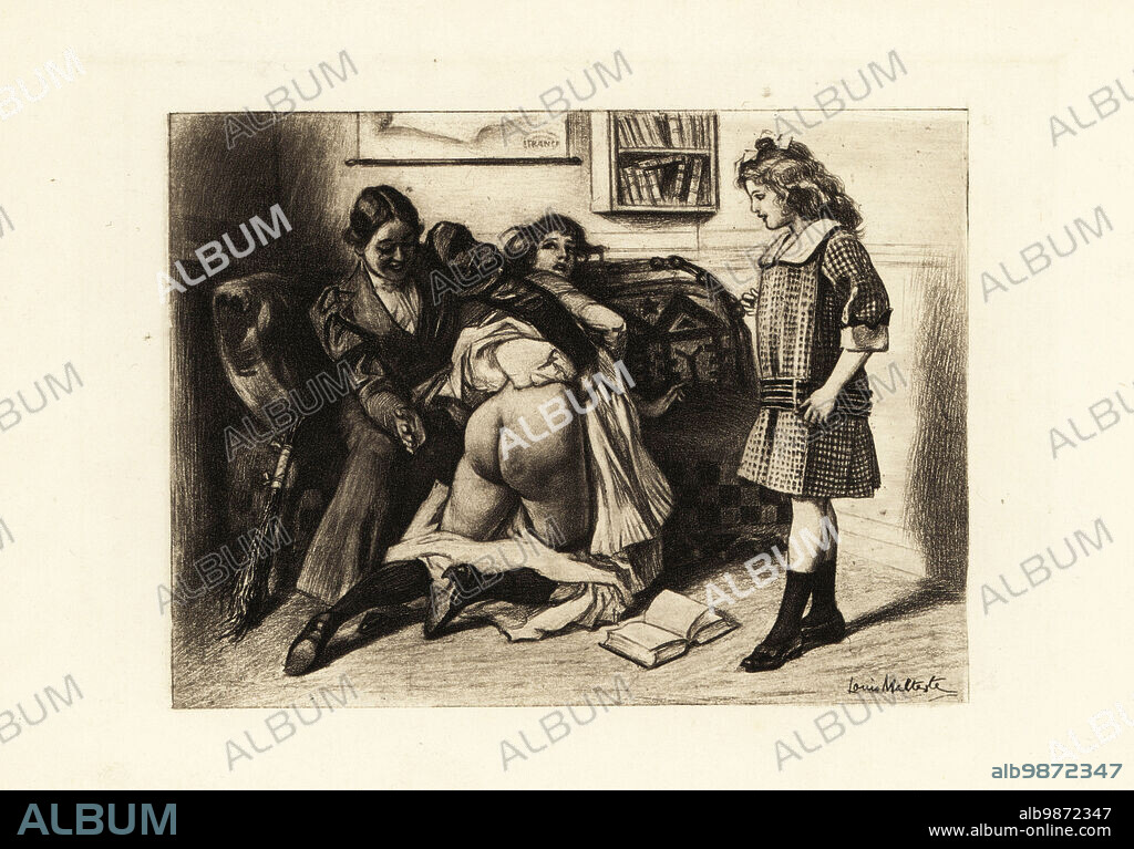 An Edwardian female tutor spanking the naked buttocks of a girl. A birch is propped up against the chair, and another girl watches in fascination. Photogravure after an illustration by Louis Malteste from Jacques dIcys Qui Aime Bien ou la flagellation dans la vie moderne, Jean Fort, Paris, 1912.