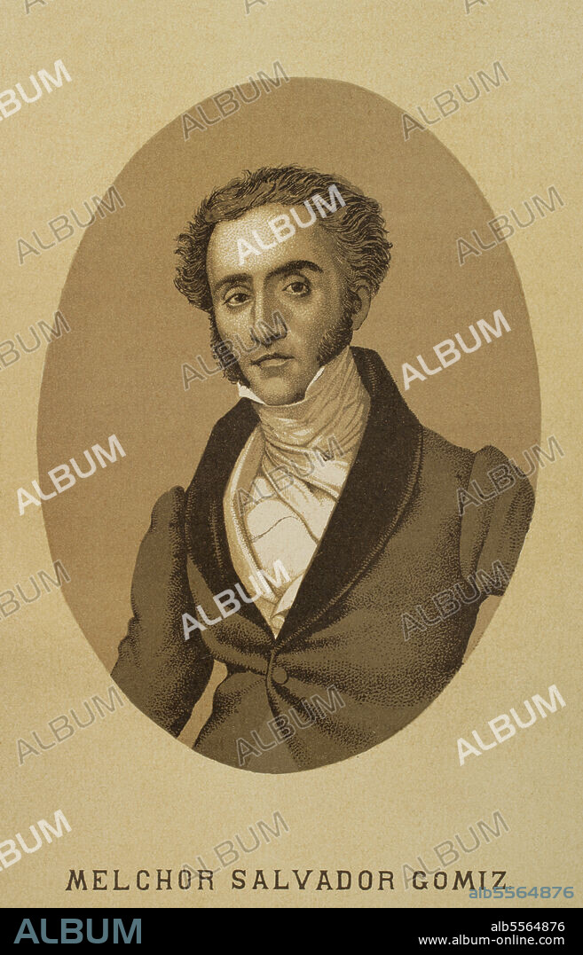 José Melchor Gomis y Colomer (1791-1836). Compositor romántico español. Se le atribuye la autoría del Himno de Riego, himno nacional de España durante la Segunda República Española. Retrato. Historia de la Revolución Española (desde la Guerra de la Independencia a la Restauración en Sagunto), por Vicente Blasco Ibáñez. Tomo II. Publicado en Barcelona, 1891.