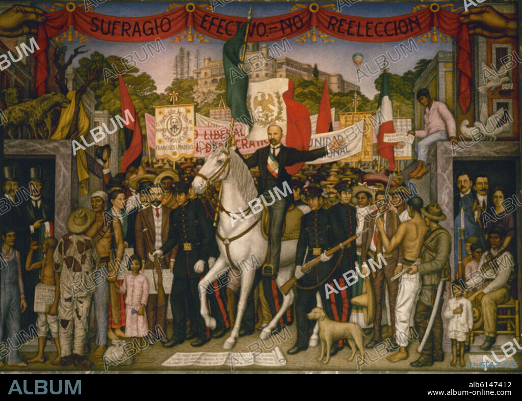 JUAN OGORMAN / JUAN O GORMAN (1905-1982). SUFRAGIO EFECTIVO NO REELECCION - FRANCISCO I MADERO SALIENDO DEL CASTILLO DE CHAPULTEPEC EL 8 DE FEBRERO DE 1913 - 1968 - FRESCO - 4,50x 6,50 m.