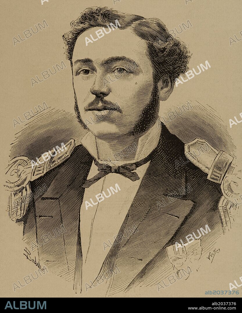 Carlos Condell (Chile, 1843-Chile, 1887). Marino chileno. Participó activamente en la Guerra contra España y en la Guerra del Pacífico, destacándose como héroe naval del combate de Punta Gruesa. Grabado por Vela. "La Ilustración Española y Americana", año 1879.