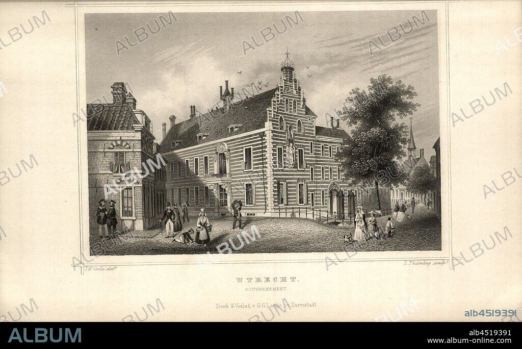 Utrecht. Government, View Gouvernementshuis in Utrecht, signed: J. W. Cooke (del.); L. Thümling (sculp.), P. 298, p. 463, Cooke, J. W. (del.); Thümling, Ludwig (sculp.), 1863, Der Rhein und die Rheinlande in malerischen Original-Ansichten: Abtheilung 3, Section 2 / Holland. Darmstadt: Druck und Verlag von Gustav Lange, 1863.
