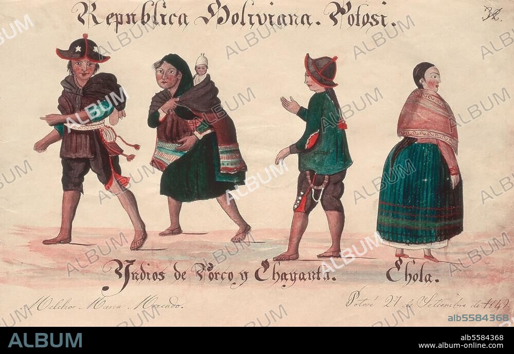Ethnology / America / Bolivia. "Republica Boliviana. Potosi. Indios de Porco y Chayanta." (Indians fr. Porco a. Chayanta, wearing, in the manner of the Tarabuco Indians, the "montera" on their heads). Pen-and-ink draw. w. watercol., 1849, by Melchor Maria Mercado. Fr.: Album de paysages, types (..) de Bolivie, 1841-69, p. 29. Sucre, National Archives of Bolivia.
