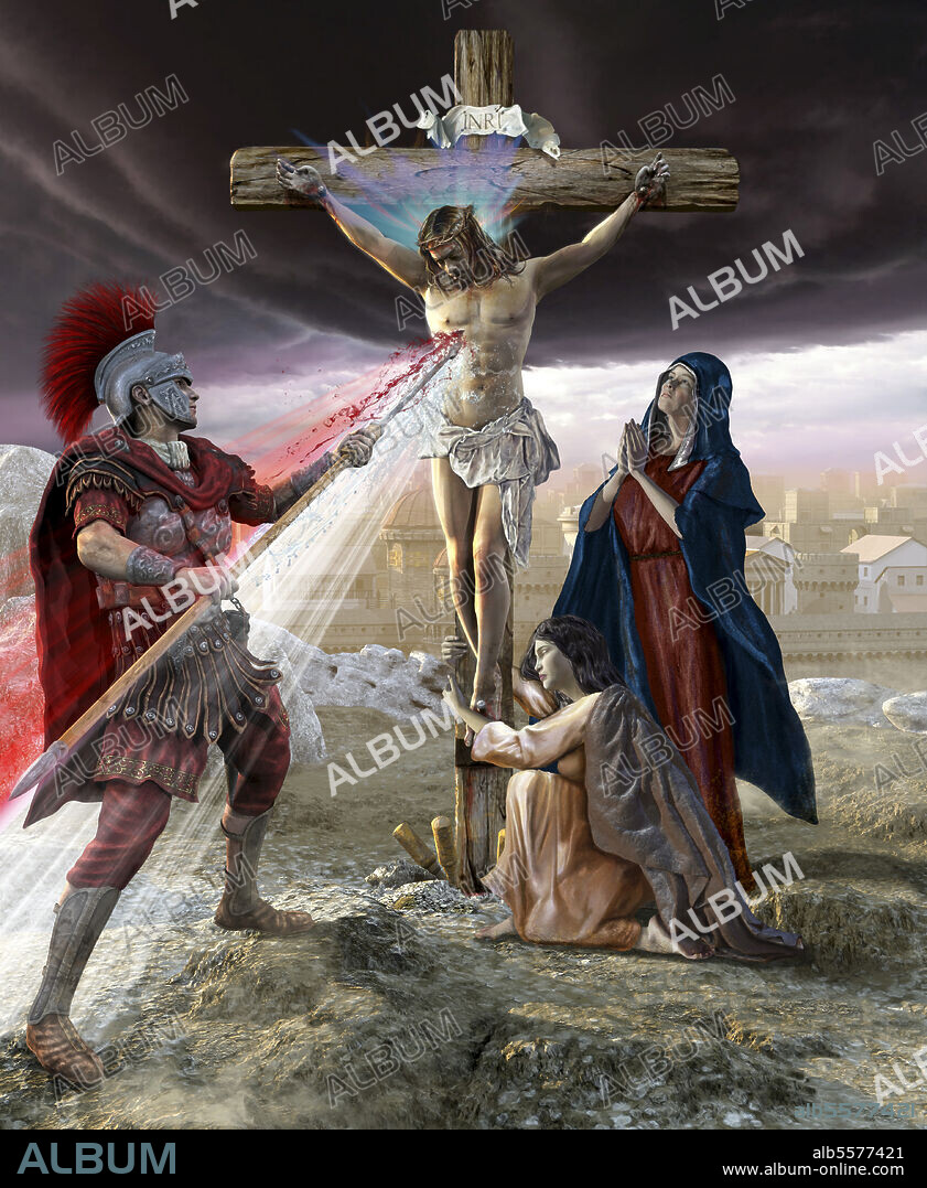 Jesus on the cross, Roman piercing his chest.