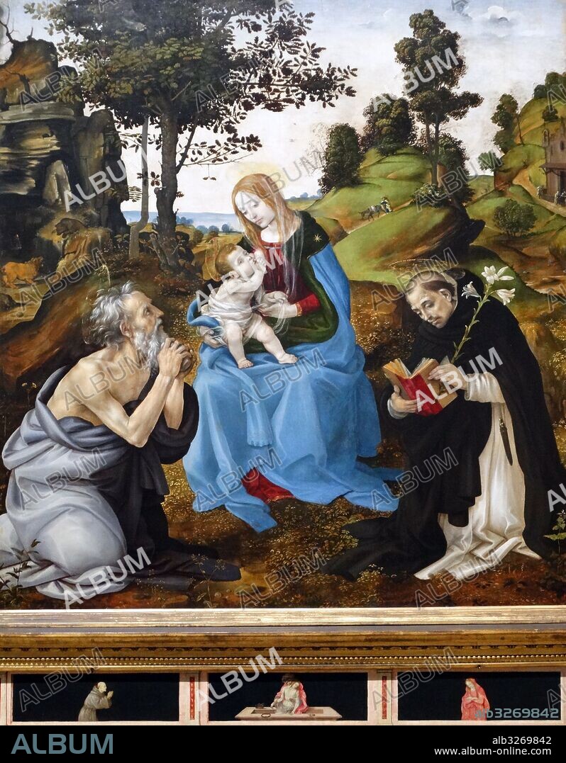 Painting titled The Virgin and Child with Saints Jerome and Dominic' by Filippino Lippi (1457-1504) an Italian painter during the High Renaissance in Florence. Dated 15th Century.