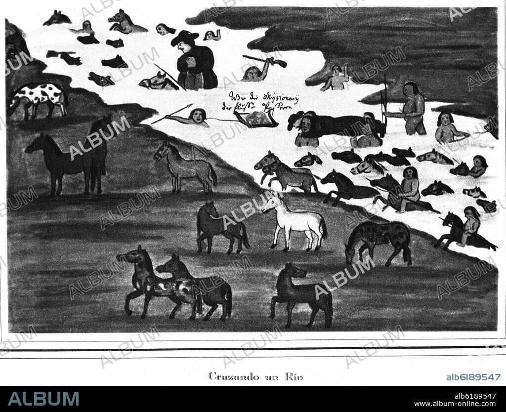 FLORIAN PAUCKE (1719-1780). COMO LOS INDIOS TRABAJABAN PARA CRUZAR A LOS MISIONEROS EN ARGENTINA - ACUARELA 1752 - FOTOGRAFIA EN BLANCO Y NEGRO.