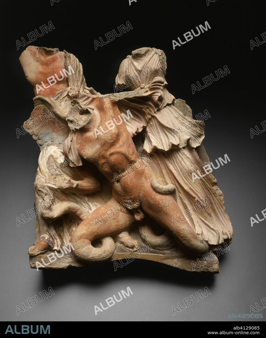 ANCIENT ETRUSCAN. Architectural Relief Depicting the Gigantomachy (Battle Between Gods and Giants). Etruscan. Date: 300 BC-101 BC. Dimensions: 45.8 × 46 × 21.9 cm (18 1/16 × 18 1/8 × 8 5/8 in.). Terra-cotta, pigment. Origin: Etruria.