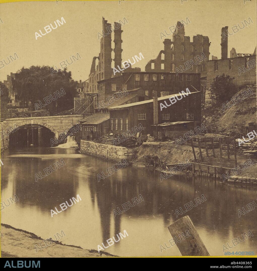 View on the Lynchburgh Canal, near the Haxall Flour Mills, Richmond, Va. The ruins of the Gallego Mills in the distance., Edward and Henry T. Anthony & Co. (American, 1862 - 1902), about 1864, Albumen silver print.