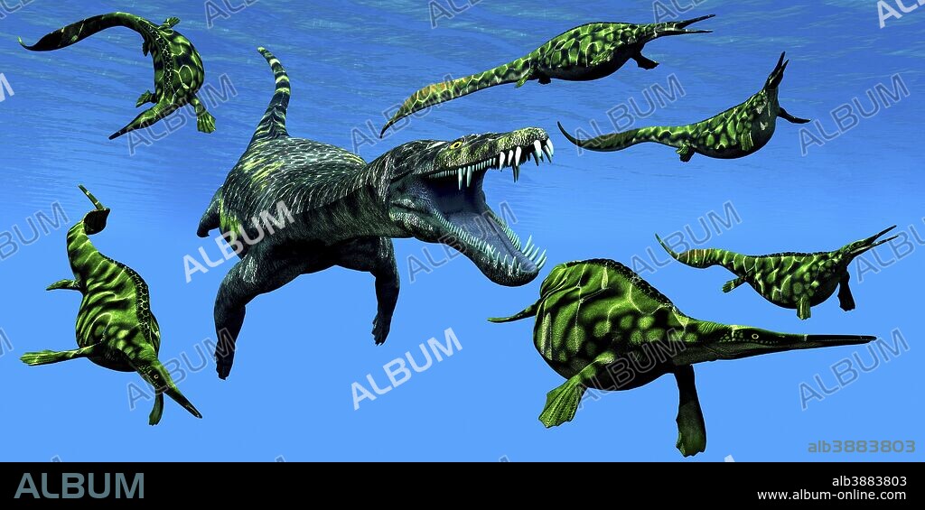A Nothosaurus marine reptile attacks a pod of Hupehsuchus dinosaurs in a Triassic ocean.