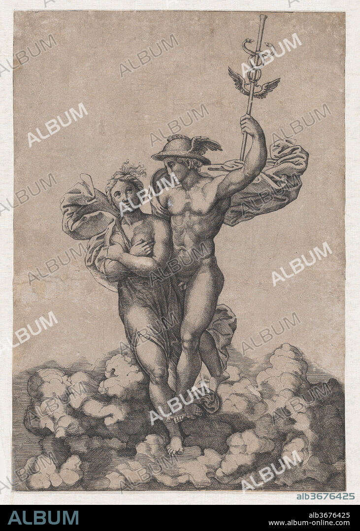 Mercury carrying Psyche to Olympus, after Raphael's composition in the Villa Farnesina, Rome. Artist: After Raphael (Raffaello Sanzio or Santi) (Italian, Urbino 1483-1520 Rome); After Giulio Romano (Italian, Rome 1499?-1546 Mantua); Giovanni Jacopo Caraglio (Italian, Parma or Verona ca. 1500/1505-1565 Krakow (?)). Dimensions: Sheet: 9 15/16 × 6 15/16 in. (25.3 × 17.7 cm). Date: ca. 1520-39.
