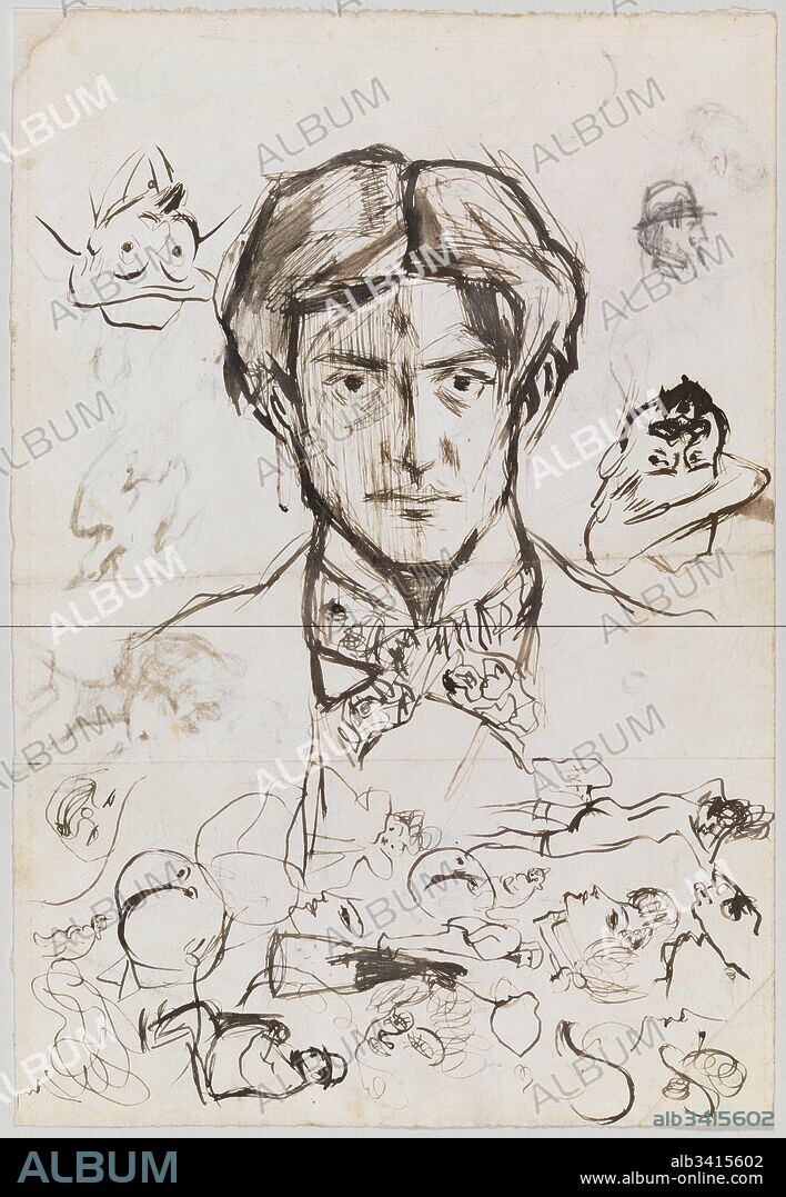 Pablo Picasso / "Self-portrait and other sketches", 1899-1900, Drawing (Ink, pen and pencil on filigree paper), 32 x 22 cm, MPB110676.