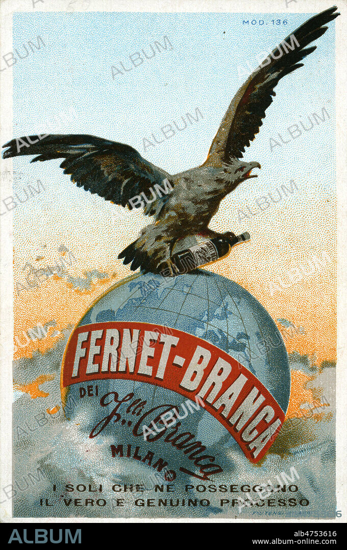 Aigle sur un globe terrestre. Carte publicitaire vers 1900 pour l'alcool italien Fernet-Branca. Illustration anonyme. Credit : Collection IM/KHARBINE-TAPABOR.