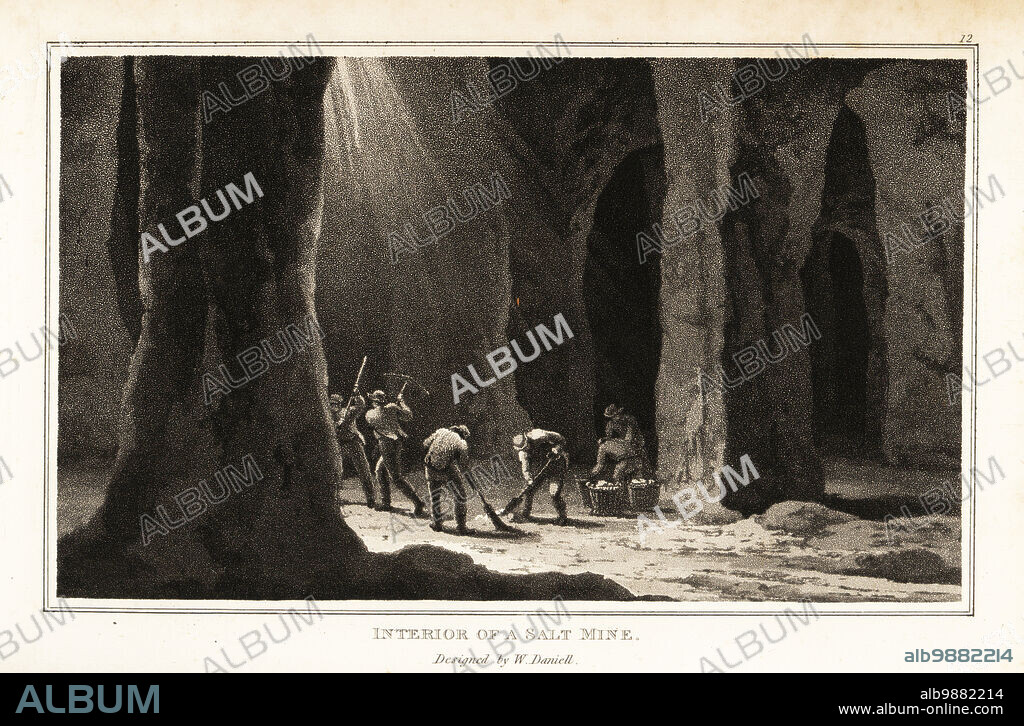 Workers using pick axes and baskets to mine rock salt in mines in Northwich, Cheshire. Opened in 1670, the lrage cavity was created with gunpowder, and the roof supported by pillars of salt. Interior of a salt mine. Aquatint drawn and engraved by William Daniell from William Woods Zoography, Cadell and Davies, 1807.