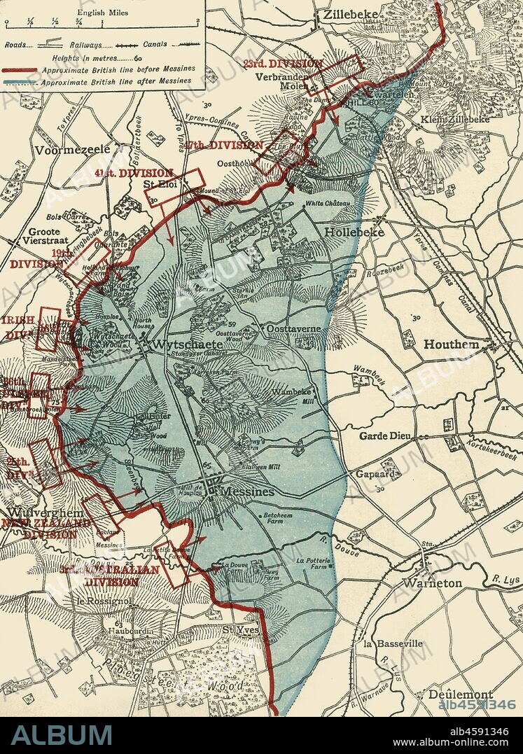 'Map to illustrate the Battle of Messines', First World War, June 1917, (c1920). The blue area shows ground gained from the Germans by the British under General Sir Herbert Plumer, 7-14 June 1917. The battle took place on the Western Front near the village of Messines in West Flanders, Belgium. From "The Great World War: A History", Volume VII, edited by Frank A Mumby. [The Gresham Publishing Company Ltd, London, c1920].