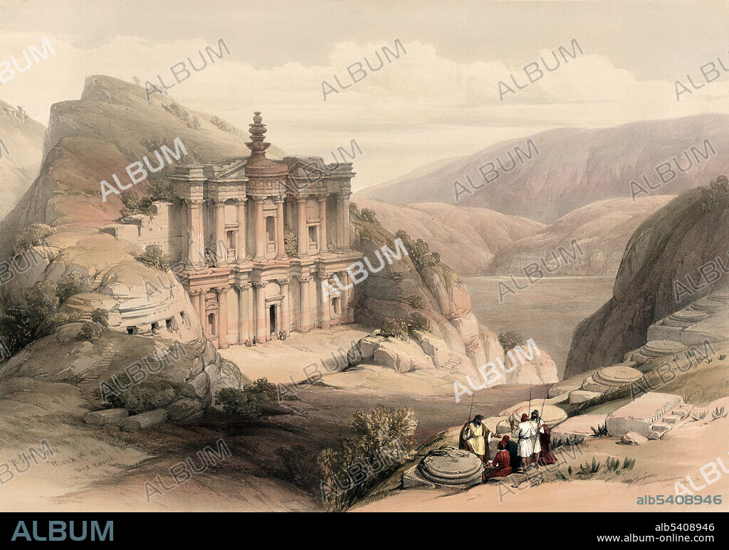 Ad Deir ("The Monastery"; also spelled ad-Dayr and el-Deir, is a monumental building carved out of rock in the ancient Jordanian city of Petra. The Deir was probably carved out of the rock in the mid-first century CE. Petra, Jordan, March 8, 1839. Louis Haghe (1806-1885), lithographer; David Roberts (1796-1864), artist. Petra, originally known to its inhabitants as Raqmu, is a historical and archaeological city in southern Jordan. Famous for its rock-cut architecture and water conduit system, Petra is also called the 'Rose City' because of the color of the stone from which it is carved. It has been a UNESCO World Heritage Site since 1985.