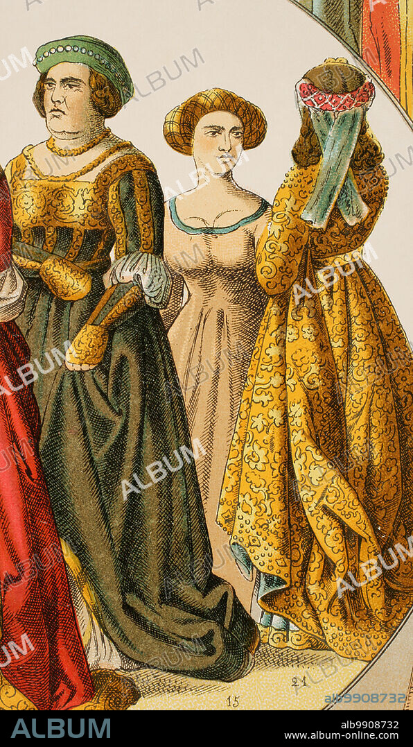 History of Germany. 1400-1450. Patrician gowns. Chromolithography. "Historia Universal", by César Cantú. Volume VII, 1881.