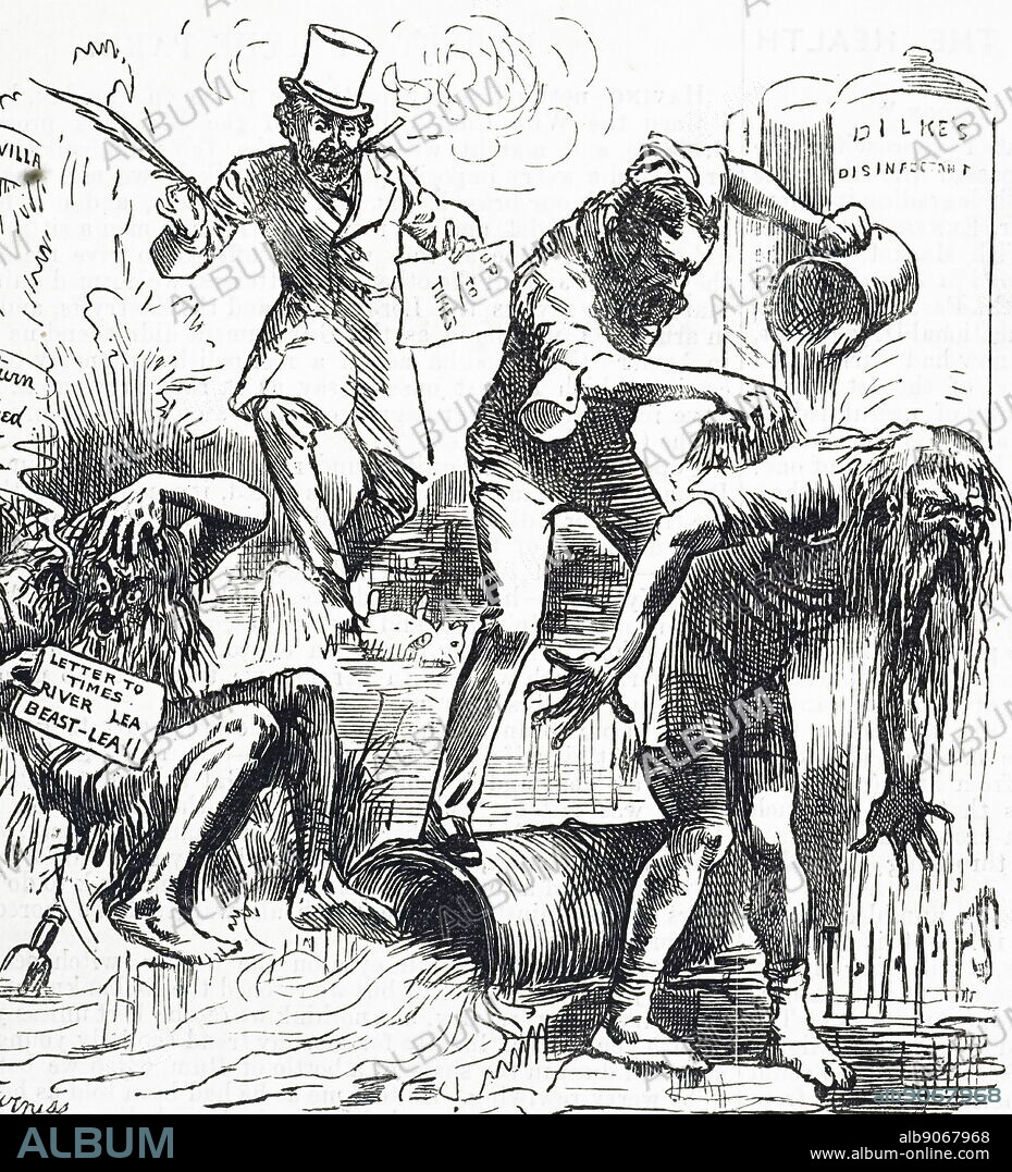 Cartoon depicting the Thames and the Lea Rivers being attacked because of their filthy condition. Illustrated by Harry Furniss (1854-1925) an Irish artist and illustrator. Dated 19th century.