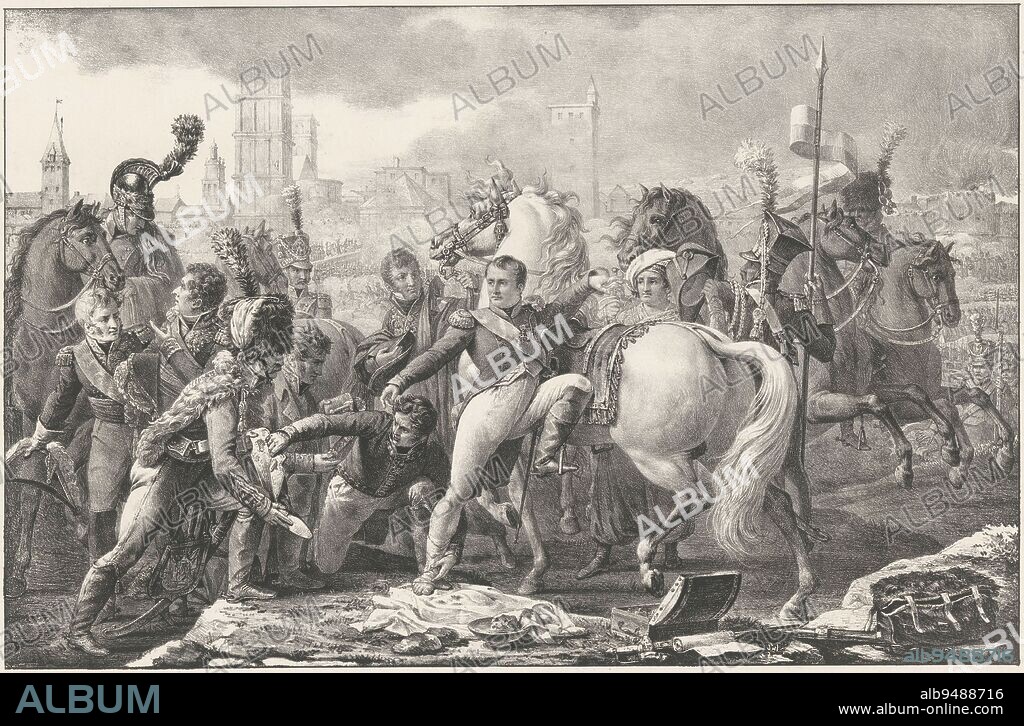 Emperor Napoleon is injured on his ankle during the battle of Regensburg (Ratisbonne), 23 April 1809. After the painting of 1810 by Gautherot, Napoleon injured during the battle of Regensburg, 1809 Napoléon injured devant Ratisbonne 29 avril 1809 - salon 1811., print maker: anonymous, after: Pierre Gautherot, France, 1811 - 1899, paper, h 360 mm × w 475 mm.
