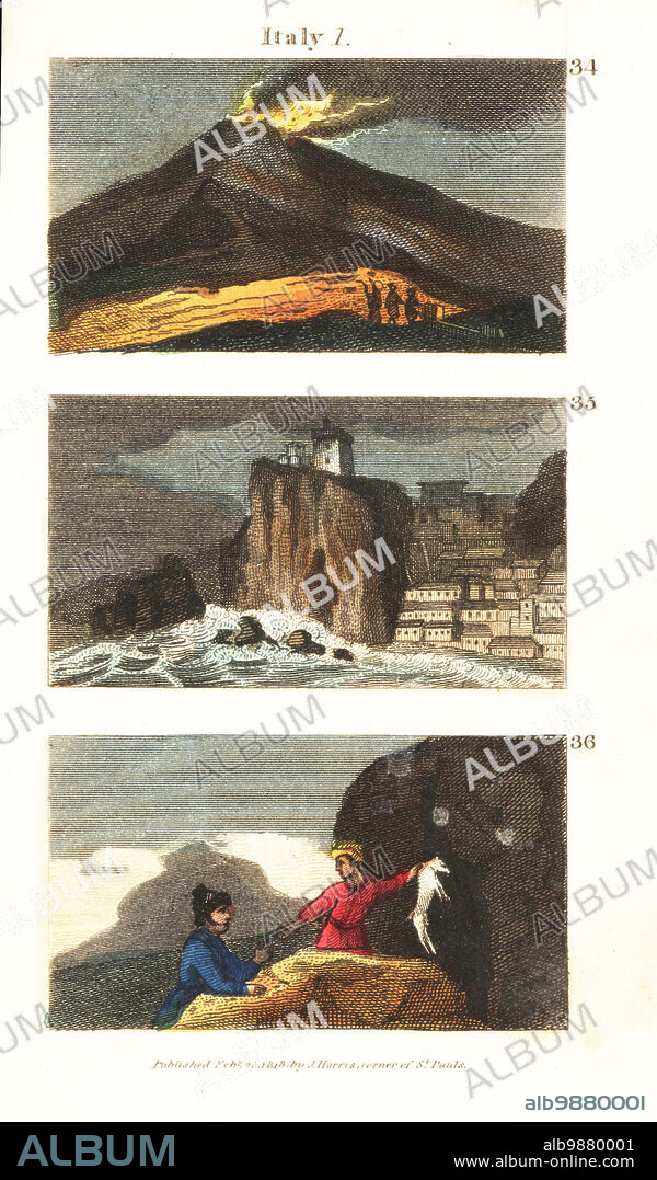 Historical views of Italy. The volcanic Mount Etna in Sicily 34, the rocks of Scylla and the whirlpool Charybdis 35, and Italians pushing a dog into the poisonous gas at the Cave of Dogs (Grotto del Cani) near Naples 36. Handcoloured copperplate engraving from Rev. Isaac Taylors Scenes in Europe, for the Amusement and Instruction of Little Tarry-at-Home Travelers, John Harris, London, 1819.