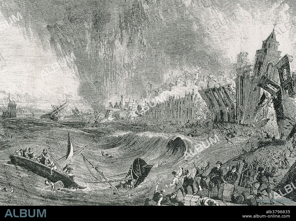 November 1, 1755. Shortly after the Lisbon earthquake struck the great city, a series of huge tsunami waves crashed over the harbor quays, engulfed the lower part of Lisbon on the shore of the Tagus, and submerged much of the lower part of the city including its newly built, marble quay of Cais De Pedra which disappeared into the river. The first three of these tsunami waves were the largest and completed the destruction brought about by the two earlier strong quake shocks. 20,000 more of the terrified survivors who had rushed to the open space of the docks and the waterfront quay for safety, lost their lives to these tsunami waves. All boats moored in Lisbon's harbor were destroyed.