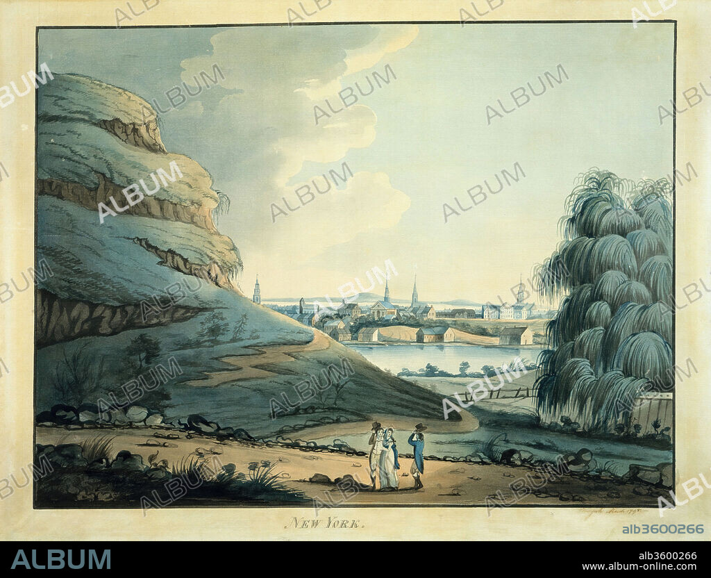 Collect Pond, New York City. Artist: Attributed to Archibald Robertson (American, Moneymusk, Scotland 1765-1835 New York). Dimensions: 17 3/4 x 23 1/16 in. (45.1 x 58.6 cm). Former Attribution: Formerly attributed to Alexander Robertson (1772-1841). Date: 1798.
The natural pool Collect Pond was formerly located in lower Manhattan near present-day Foley Square. Robertson's watercolor of the site exemplifies the formulaic method of drawing taught at the Columbian Academy of Painting in New York City, founded by the artist and his brother Alexander. Both the hill at left and the willow tree at right are rendered in highly stylized fashion, with broad contours and schematic curving lines. Spatial depth was achieved with swaths of dark wash in the foreground setting of the lighter forms in the distance. Indeed, the whole picture observes a kind of artistic etiquette embodied in the polite company of figures in the foreground.