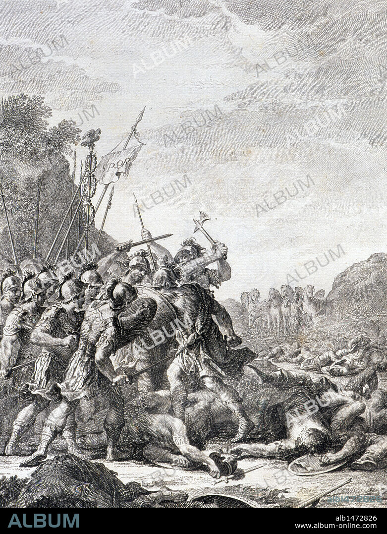 SALUSTIO CRISPO, Cayo (Caius Salustius Crispus) (Amiterno, h.86-35 a.C.). Historiador romano. "LA CONJURACION DE CATILINA". Grabado con la representación de la "MUERTE DE CATILINA EN LAS GALIAS". Edición del año 1772. Biblioteca de Catalunya. Barcelona.