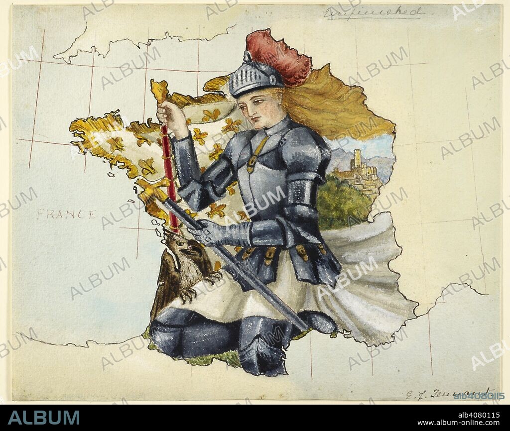 LILIAN LANCASTER. Unfinished map representing Joan of Arc on the map of France. . France. 19th century. Ink and watercolour on paper. 25 x 31 cm. Source: Maps.cc.5.a.219.
