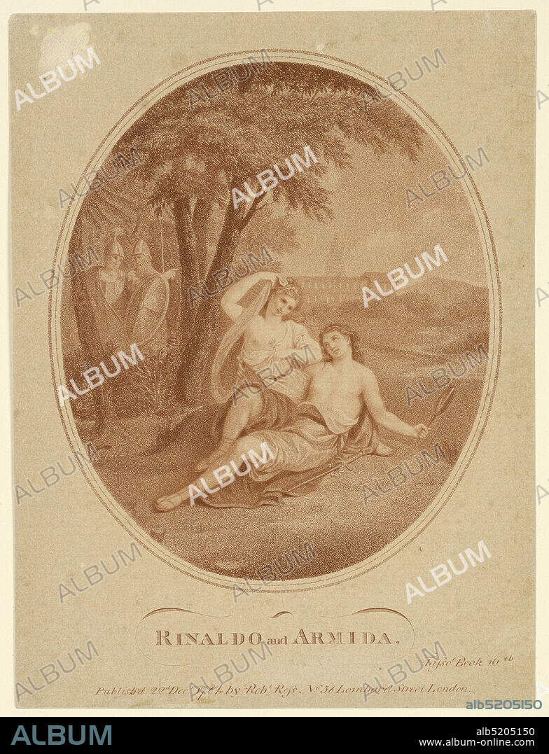 Rinaldo and Armida, Angelica Kauffmann, (Swiss, 17411807), Francesco Bartolozzi, Italian, active England, 17271815, Stipple engraving in sanguine ink on paper, Rinaldo reclines in the foreground, with Armida seated beside him. He holds a mirror in his left hand. Two soldiers in background, left., England, 1784, Print, Print.