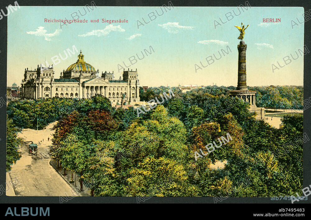 Europa, Deutschland, Berlin, Reichstagsgebäude und Siegessäule, Postkarte, verschickt 11. 08. 1912, Kunstverlag Max O`Brien & Co, Berlin .