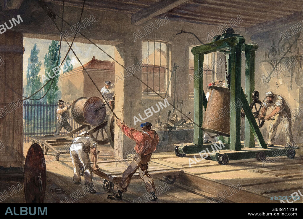 The Reels of Gutta-percha Covered Conducting Wire Conveyed into Tanks at the Works of the Telegraph Construction and Maintenance Company, at Greenwich. Artist: Robert Charles Dudley (British, 1826-1909). Dimensions: Sheet: 6 7/16 × 9 9/16 in. (16.3 × 24.3 cm). Date: 1865-66.
One of the 19th century's great technological achievements was to lay a telegraphic cable beneath the Atlantic, allowing messages to speed back and forth between North America and Europe in minutes, rather than ten or twelve days by steamer. An initially successful attempt in 1858, led by Cyrus W. Field and financed by the Atlantic Telegraph Company, failed after three weeks. Two working cables were finally laid in July and September 1866, the result of repeated efforts by the indefatigable Field, a cadre of engineers, technicians, and sailors, two groups of financial backers, and significant help from the British and United States navies. This watercolor by Dudley shows specially insulated wire cable being prepared at Greenwich, east of London on the Thames. A core of seven strands of pure copper wire was insulated by gutta-percha, a tropical resin, and adhesive, and then covered with preserved hemp twisted with steel wire then an outer layer of manila yarn. This composite line weighed 4,000 pounds per nautical mile and took nearly a year to manufacture. Part of a series documenting the long, arduous process, this image was reproduced as a color lithograph in William H. Russell's 1866 book "The Atlantic Telegraph" (92.10.100 and 61.536.5).  In 1892 Field donated art works by Dudley, a copy of Russell's book, commemorative medals, memorabilia, and specimens of cable to the Museum.