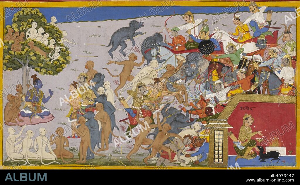 SAHIB DIN. Rama sends out his army headed by Lakshmana and Bibhishana to fight Indrajit's army. In the bottom right, Indrajit is seen in a chamber preparing to sacrifice a black kid to the god of fire in order to make himself invisible. Ramayana, Yuddha Kanda. Udaipur, 1652. Source: Add. 15297(1), f.115. Language: Sanskrit.