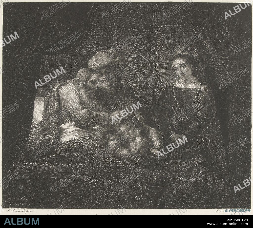 Just before his death Jacob blesses his son Joseph's sons, Manasseh and Ephraim. Jacob crosses his hands as he blesses, blessing Ephraim with his right hand and Manasseh with his left. Joseph tries in vain to divert Jacob's arms, Jacob blesses Manasseh and Ephraim Jacob Bénit Les Enfans De Joseph , print maker: Johannes Pieter de Frey, (mentioned on object), after: Rembrandt van Rijn, (mentioned on object), D.V. Denon, (mentioned on object), 1780 - 1834, paper, etching, h 269 mm × w 297 mm.