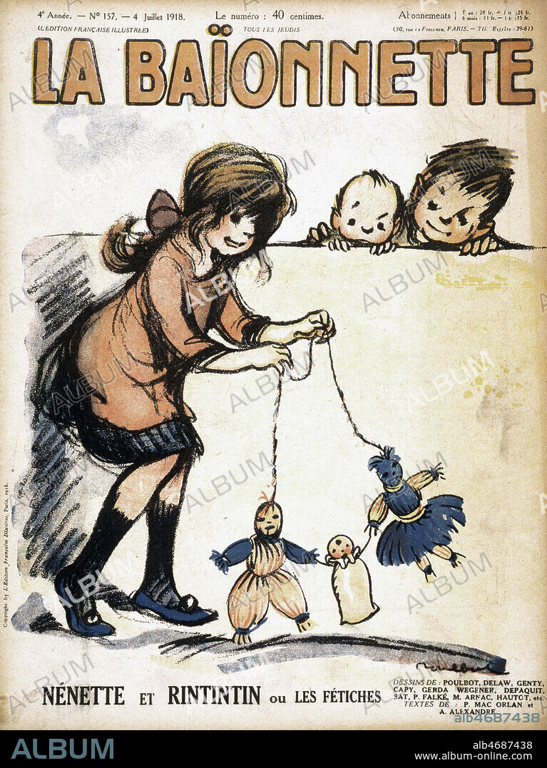 'Nenette et Rintintin, ou les fetiches'. Famille de poupees de laine, fetiches porte-bonheur fabriquees pour se preserver des bombardements. Illustration par POULBOT (1879-1946) tiree de La Baionnette en 1918. Credit : Collection KHARBINE-TAPABOR.