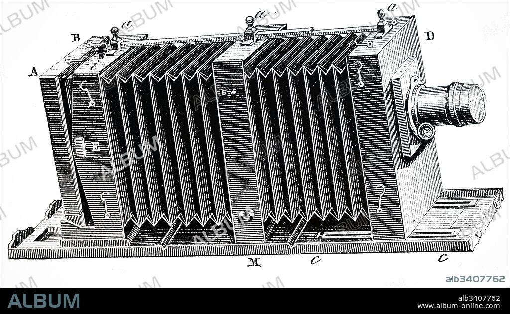 Engraving depicting a bellows camera. a bellows is the accordion-like, pleated expandable part of a camera, usually a large or medium format camera, to allow the lens to be moved with respect to the focal plane for focusing. Dated 19th Century.