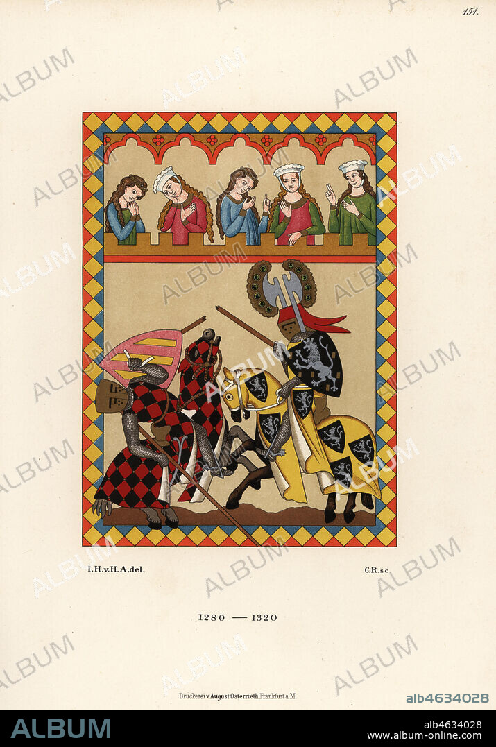 Walther von Klingen jousting in a tournament watched by five noble women. German knight, poet and minstrel or Minnesanger, d. 1286. From a miniature in the Codex Manesse. Chromolithograph from Hefner-Alteneck's Costumes, Artworks and Appliances from the Middle Ages to the 17th Century, Frankfurt, 1889. Illustration by Dr. Jakob Heinrich von Hefner-Alteneck, lithographed by C.R. Dr. Hefner-Alteneck (1811 - 1903) was a German museum curator, archaeologist, art historian, illustrator and etcher.