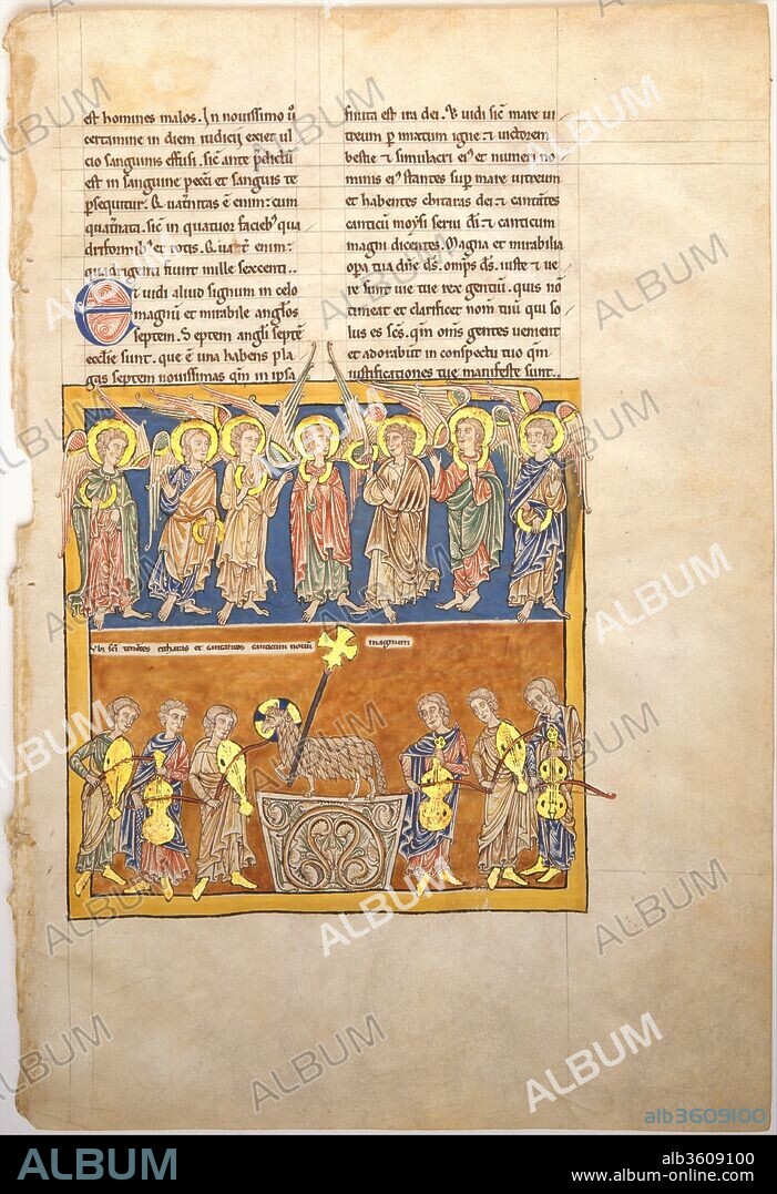 Leaf from a Beatus Manuscript: Seven Angels Hold the Cups of the Seven Last Plagues; The Hymn of the Lamb. Culture: Spanish. Dimensions: Overall (folio): 17 1/2 x 11 13/16 in. (44.5 x 30 cm)
Mat: 22 x 16 in. (55.9 x 40.6 cm). Date: ca. 1180.
Illustrated Beatus manuscripts bring to life an extraordinary vision of the end of the world, as recorded by Saint John in the Apocalypse (Book of Revelation) and filtered through the lens of Beatus of Liébana, an eighth-century Asturian monk. These manuscripts are unique to medieval Spain and a testament to the pervasive artistry and intellectual milieu of monastic culture there. The leaf shown here comes from a manuscript disassembled in the 1870s.
In the top register, the seven angels are depicted holding vessels (rendered in cross section) containing the seven last plagues. Below, the celebrants play musical instruments before the Lamb of God, who carries a Greek type of processional cross. The celebrants sing, "Great and wonderful are thy works, O Lord God Almighty; just and true are thy ways; O King of ages." (Apoc. 15.3).